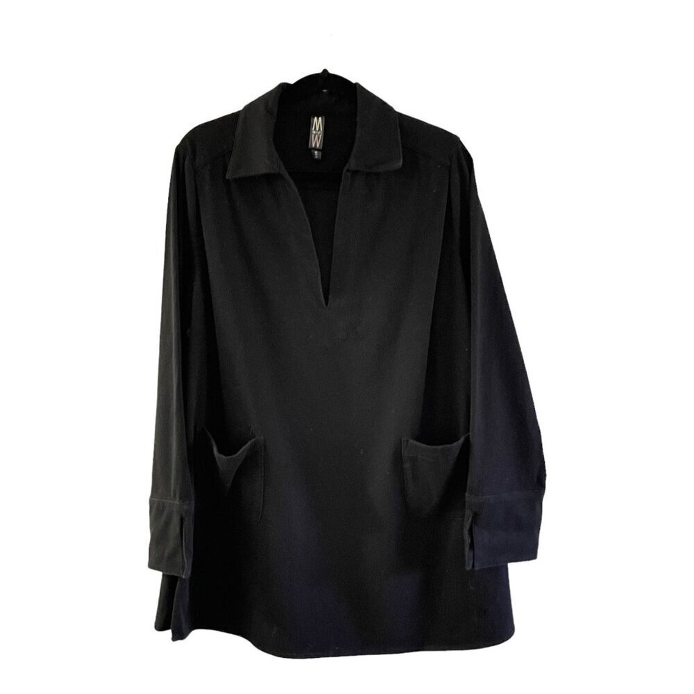 MarlaWynne Size M Collared Popover Tunic Top Black Pockets Stretch